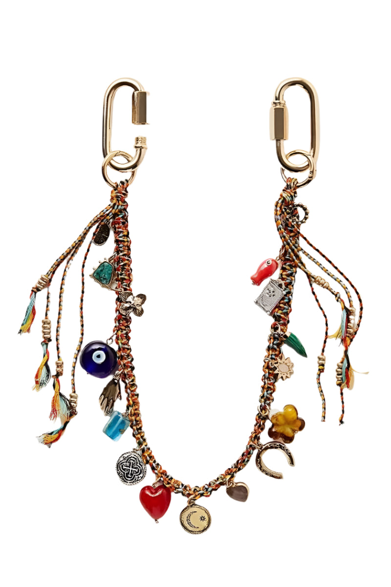 Handwoven bag strap with geometric evil eye and heart charm